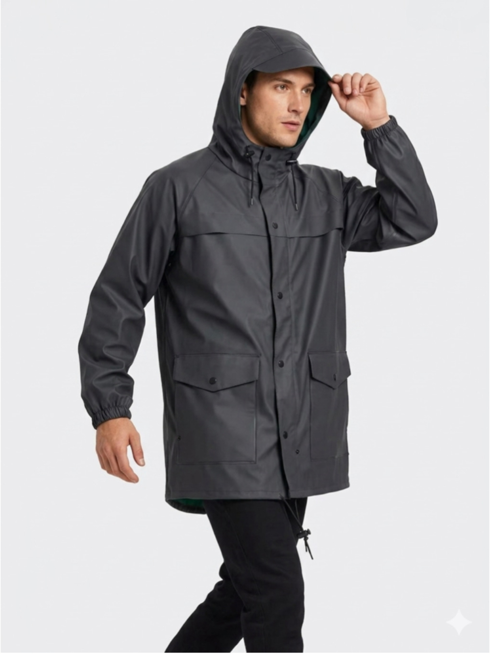 Men's Vintage Aviva Charcoal Black Waterproof Hooded PVC Rain Jacket Size Small